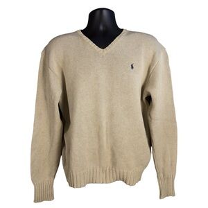 Ralph Lauren V-Neck Sweater in golden Beige with Navy Polo Logo, size Medium